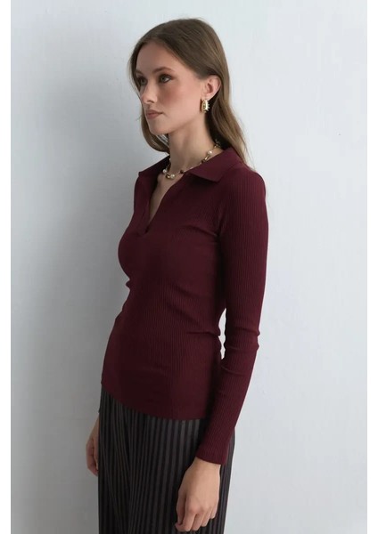 Polo Yakalı Pamuk Örme Bluz - Bordo fırsatları