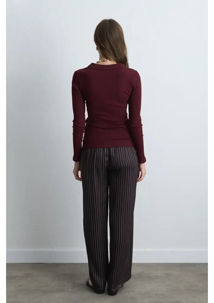 Polo Yakalı Pamuk Örme Bluz - Bordo indirimleri