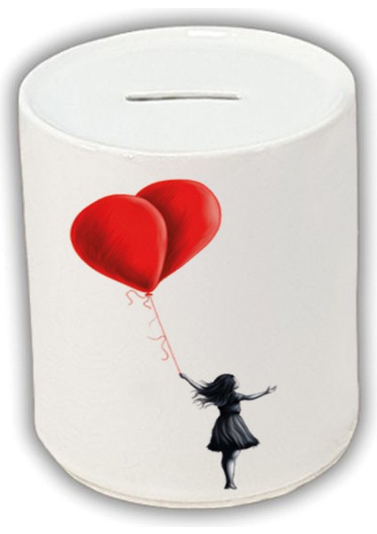 Balonlu Kız Baskılı Kumbara - Seramik Para Biriktirme Kumbarası