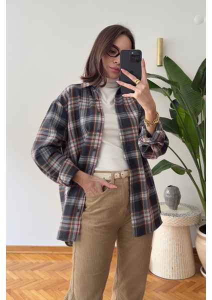 Ekose Desen Oversize Premium Gömlek- Antrasit