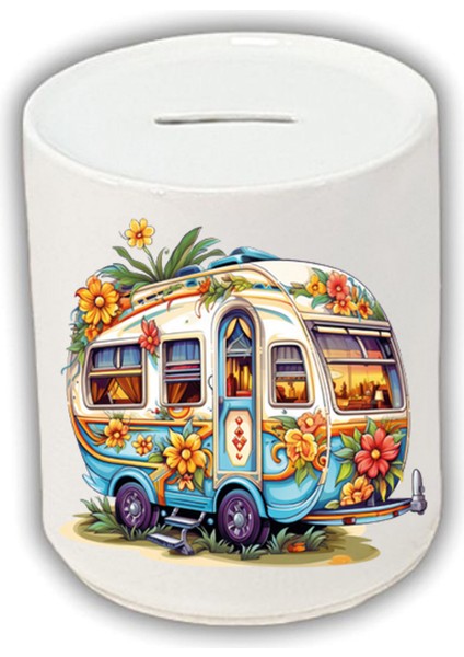 Çiçekli Karavan Baskılı Kumbara - Para Biriktirme Kumbarası