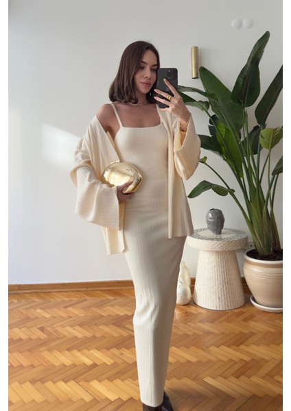 Elbiseli Fitilli Hırka Takım- Ekru