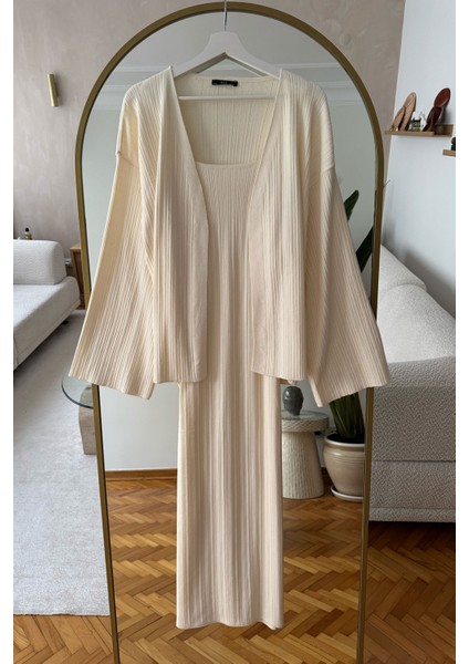 Elbiseli Fitilli Hırka Takım- Ekru fiyatları