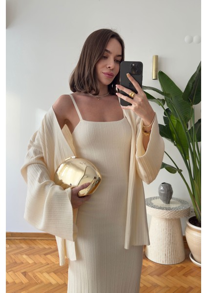 Elbiseli Fitilli Hırka Takım- Ekru modelleri