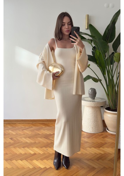 Elbiseli Fitilli Hırka Takım- Ekru indirimleri