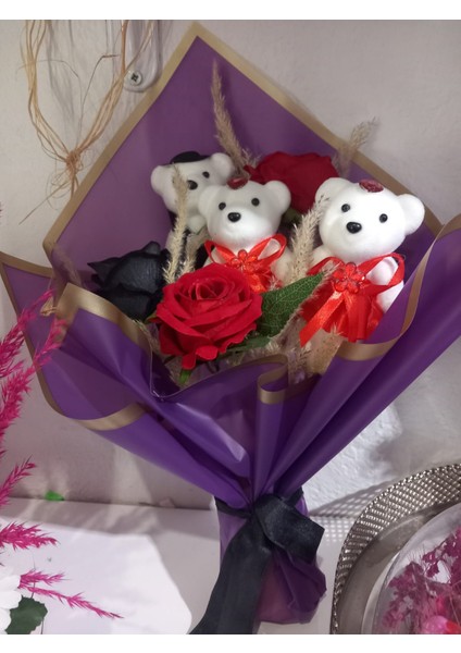 Gül ve Ayıcık Buket 3 Lü Yapay