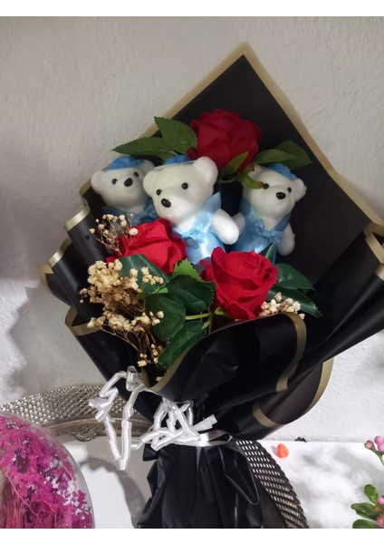 Gül ve Ayıcık Buket 3 Lü Yapay fiyatları