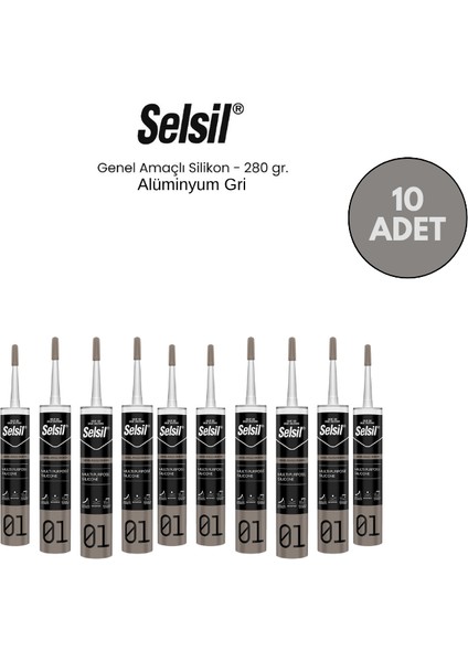 Genel Amaçlı Alüminyum Gri Silikon 280 Gr. - 10 Adet