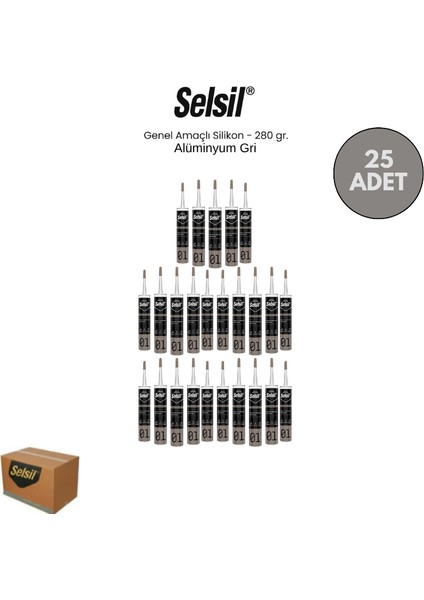 Genel Amaçlı Alüminyum Gri Silikon 280 Gr. - 25 Adet