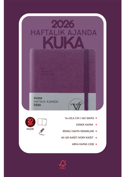 Kuka 2026 Haftalık Ajanda A5 (14x21cm) Esnek Kapak Ivory 80gr. fırsatları