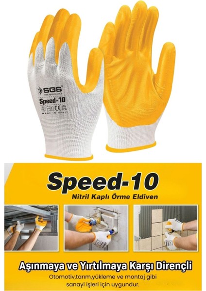 7710 SPEED10 Iş Eldiveni Nitril Kaplama Örme Sarı Iş Güvenliği Eldiveni 10 Çift
