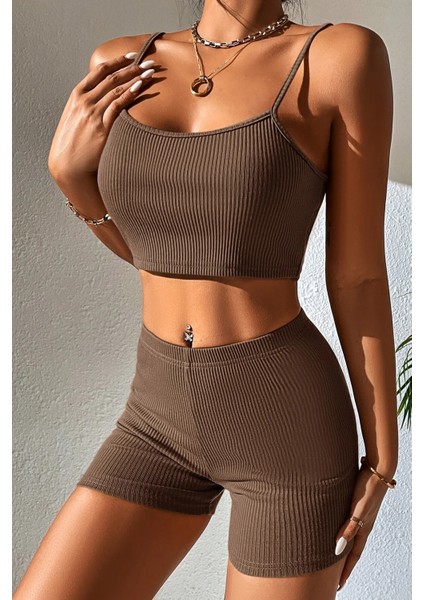 Kadın Kahverengi Şortlu Kaşkorse Gecelik Takım