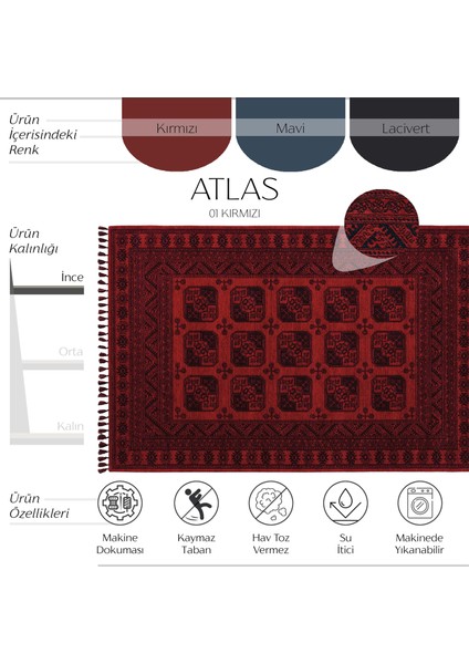 Atlas 01 Kırmızı Mutfak Halısı Yıkanabilir Halı Kaymaz Taban Yolluk Afgan Halısı Salon Halısı fiyatları