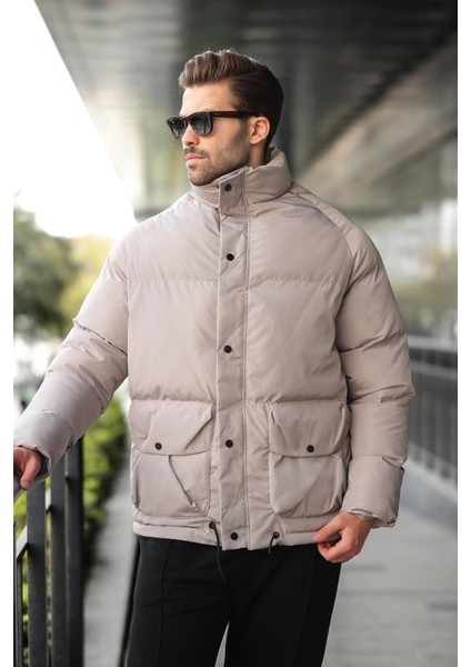 Taş Rengi Fermuarlı Çıt Kapamalı Şişme Erkek Mont E7436