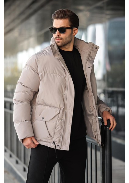 Taş Rengi Fermuarlı Çıt Kapamalı Şişme Erkek Mont E7436 modelleri