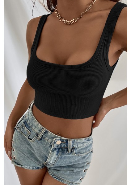Kadın Siyah Kalın Askılı Crop Top Büstiyer indirimleri