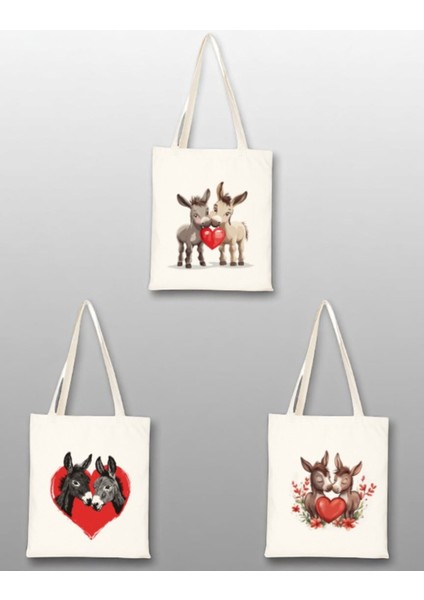 Kalp ve Eşek Baskılı Bez Çanta 3'lü Omuz Çantası - Omuz Çantası Kadın