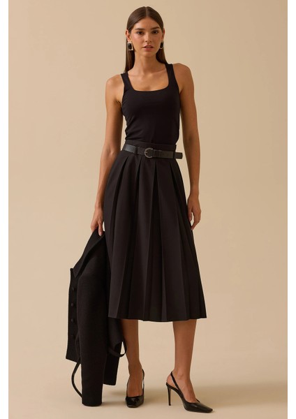 Kadın Kemerli Pile Detaylı Midi Etek 0003 Siyah fiyatları