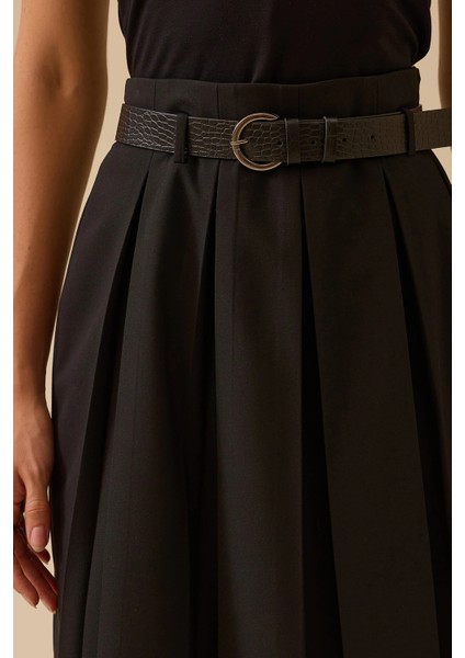 Kadın Kemerli Pile Detaylı Midi Etek 0003 Siyah modelleri