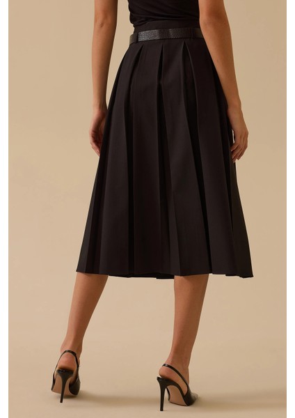 Kadın Kemerli Pile Detaylı Midi Etek 0003 Siyah fırsatları