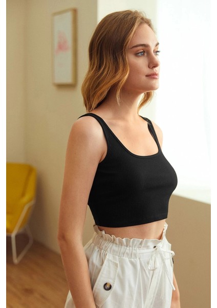 Kadın Siyah Kalın Askılı Crop Top Büstiyer
