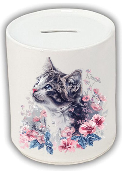 Çiçekli Kedi Baskılı- Seramik Para Biriktirme Kumbarası