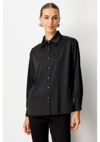 Kadın Taşlı Saten Gömlek 3003 Siyah