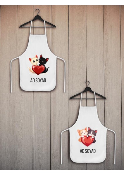 Kalpli Kedi Baskılı Isme Özel 2'li Keten Mutfak Önlüğü