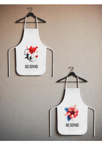 Çiçek Teması Baskılı Isme Özel 2'li Keten Mutfak Önlüğü