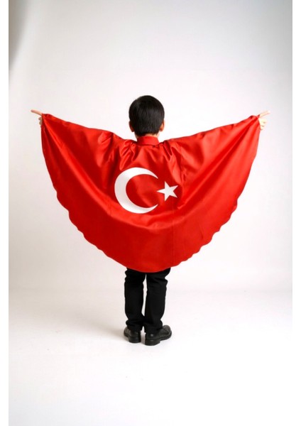 Çocuk Saten Unisex Türk Bayrağı Pelerin, 23 Nisan-19 Mayıs-10 Kasım-29 Ekim Okul Gösteri Kostümü 2-6 Yaş (M),7-12 Yaş (L)