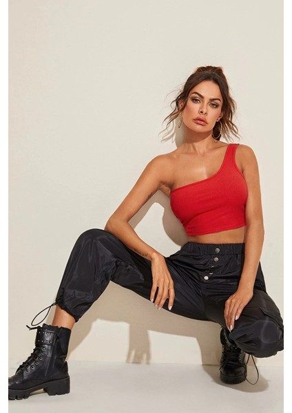 Kadın Kırmızı Tek Omuz Crop Büstiyer