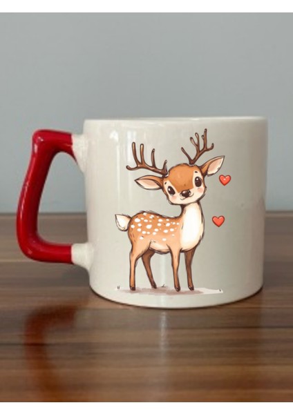 Kalpli Sevimli Geyik Kırmızı Kulplu Kupa Bardak Doğum Günü Hediyesi - Çay Fincanı