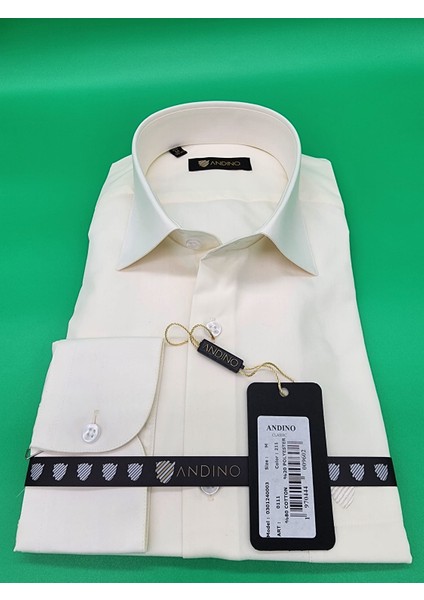 Erkek Classıc Krem Düz Gömlek Pamuk Polyester