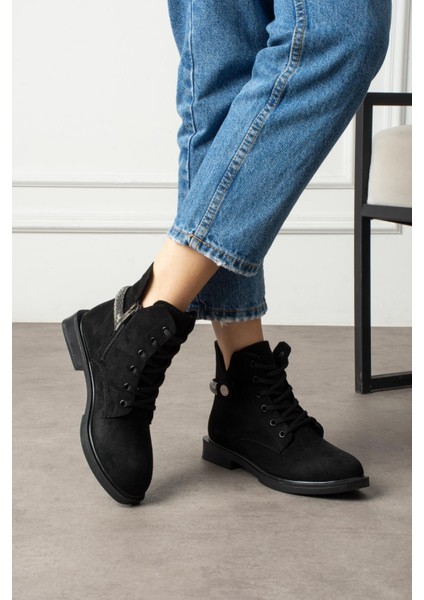 Olia Kadın Bot Bağcıklı Arkadan Bantlı Taşlı Siyah Süet fiyatları