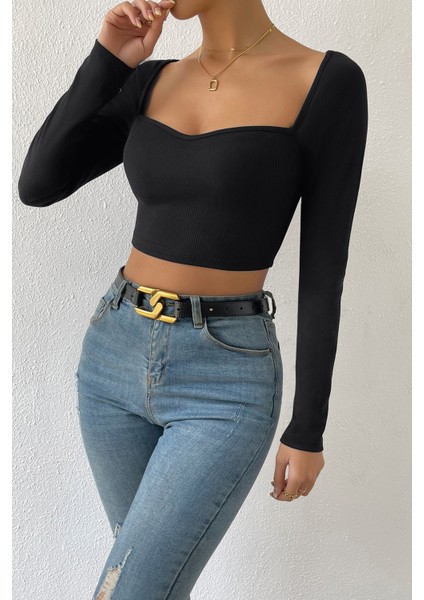 Kadın Siyah Uzun Kol Göğüs Dekolteli Şık Crop Top Bluz