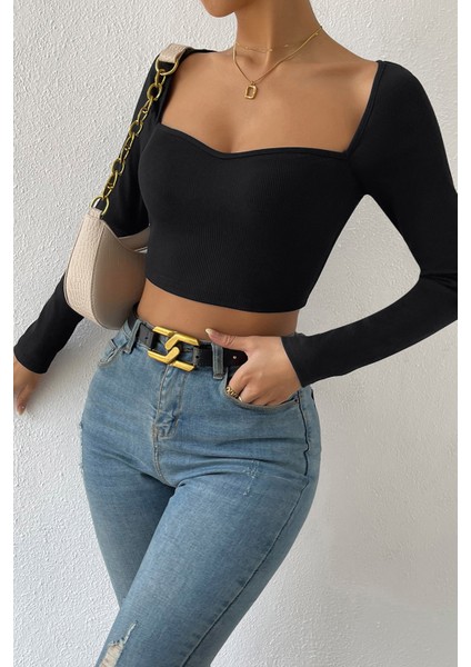 Kadın Siyah Uzun Kol Göğüs Dekolteli Şık Crop Top Bluz