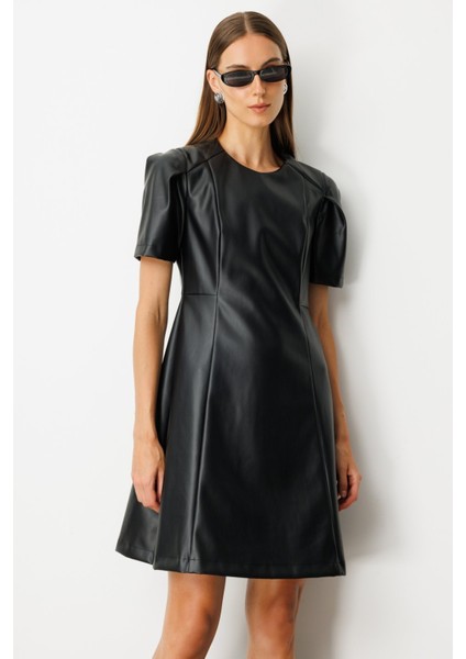 Kadın Kısa Kollu Deri Elbise 4081 Siyah fiyatları