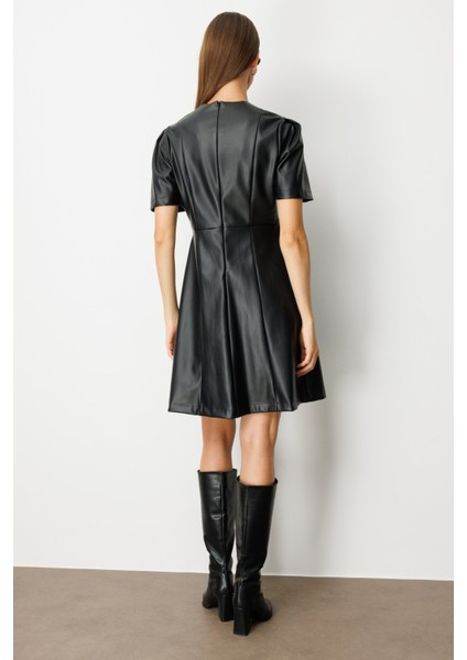 Kadın Kısa Kollu Deri Elbise 4081 Siyah fırsatları