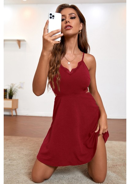 Kadın Bordo Ip Askılı, Sırtı ve Göğsü Dantel Detaylı Şık Gecelik fiyatları