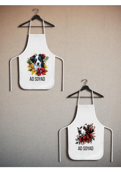 Çiçekli Köpek Baskılı Isme Özel 2'li Keten Mutfak Önlüğü
