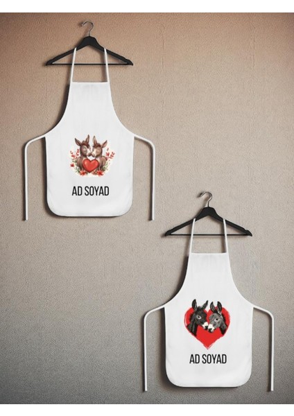 Kalpli Eşek Baskılı Isme Özel 2'li Keten Mutfak Önlüğü