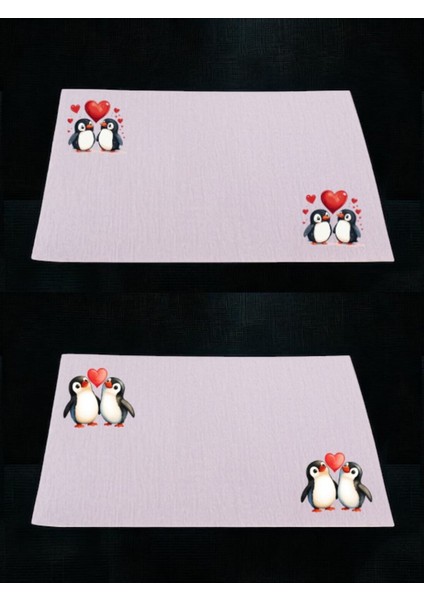 Kalp ve Penguen Baskılı Mutfak Masası 2'li Keten Servis Bezi 28X40 cm Amerikan Servis