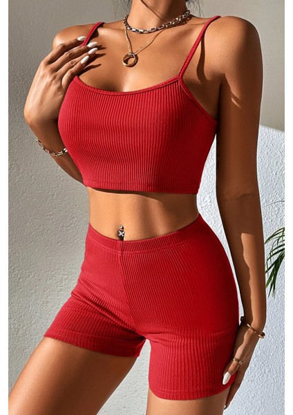 Kadın Kırmızı Şortlu Kaşkorse Gecelik Takım indirimleri