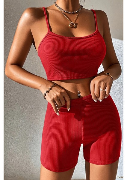 Kadın Kırmızı Şortlu Kaşkorse Gecelik Takım