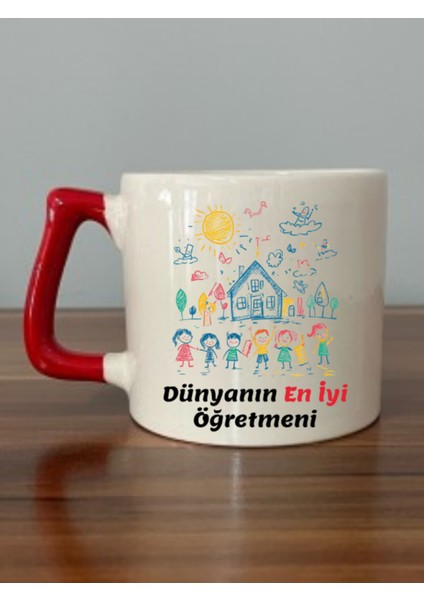 Dünyanın En Iyi Öğretmenine Hediyelik Kırmızı Kulplu Kupa Bardak Öğretmenler Günü Hediyesi