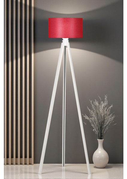 Ahşap Gövdeli Beyaz Ayak Lambader Kırmızı Başlık