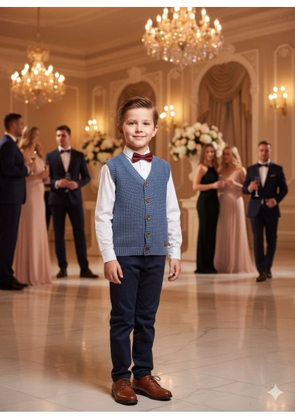 Erkek Çocuk Selanik Örgü Düğmeli Triko Yelek Abiye & Günlük Şık Kombin 5-8 Yaş