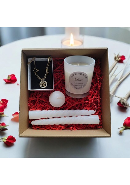 Hediye Seti-Kokulu Beyaz Bardak Mum-Yaşam Agacı Kolye+Burgulu Mum-Yüzen Mum