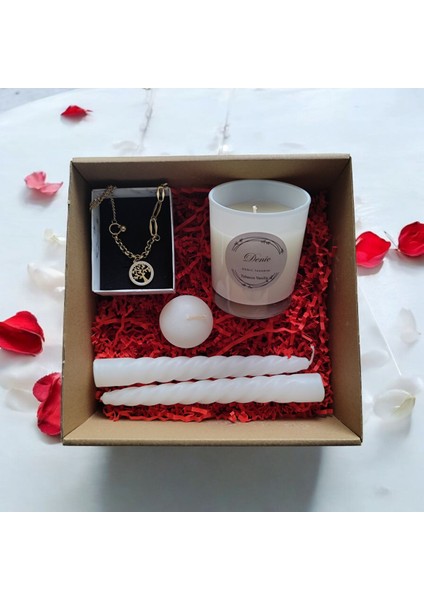 Hediye Seti-Kokulu Beyaz Bardak Mum-Yaşam Agacı Kolye+Burgulu Mum-Yüzen Mum modelleri