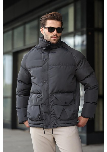 Antrasit Fermuarlı Çıt Kapamalı Şişme Erkek Mont E7436